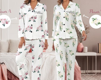 Personalized Name Satin Pajamas, Floral Pajamas Set, Custom Bridesmaid Pajamas, Bridesmaid Gifts, Birthday/Valentine's Day Gifts for Her