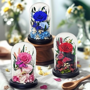 Handmade Preserved Dried Roses Floral Dome with Butterfly, Elegant Eternal Flower Arrangement Home Decor Gift