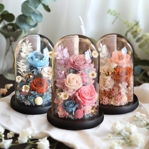 Romantic Handmade Real Preserved Roses Floral Arrangement Dome, Birthday Anniversary Housewarming Gift,  Tabletop Home Decor
