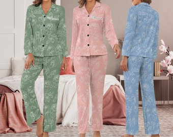 Personalized Name Satin Pajamas, Floral Pajamas Long Set, Custom Bridesmaid Pajamas, Customized Bridesmaid Gifts, Bridal Wedding Pajamas