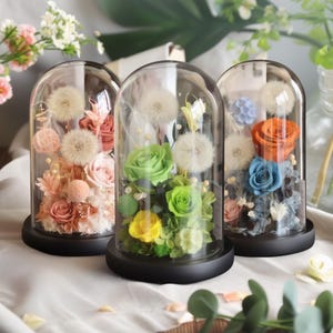 Handmade Preserved Dandelion and Rose Flower Arrangement in Glass Dome, Anniversary Birthday Gift for Her