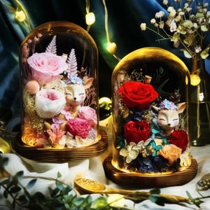 Handmade Forever Dried Rose Bouquet with Deer in Glass Dome, Romantic Christmas Halloween Gift, Beautiful Home Decor