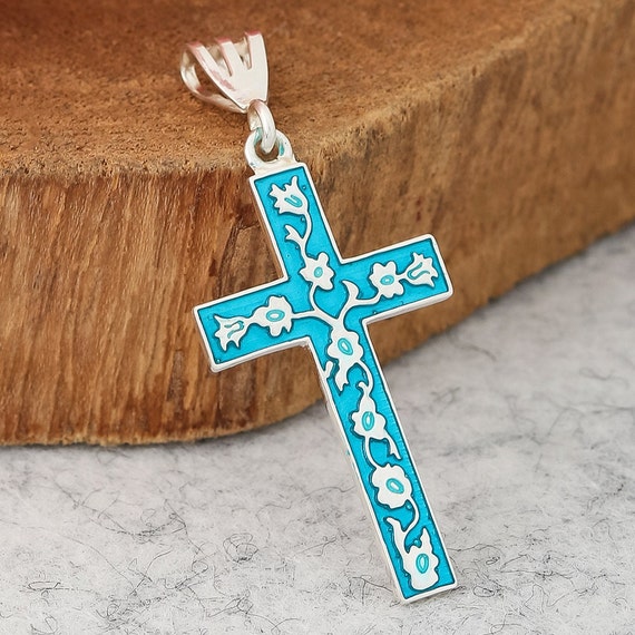 Easter Cross Gift Turquoise Cross Enamel Cross Pendant 925 Silver