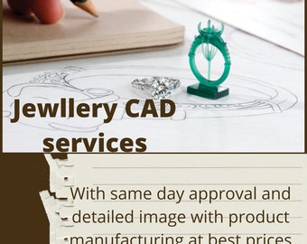 May include: A close-up of a white sheet of paper with a pencil and two rings. The rings are a silver band with a large diamond and a green plastic ring. The text "Jewellery CAD services" is at the bottom of the page. The text "With same day approval and detailed image with product manufacturing at best prices" is on a white sheet of paper with lines.