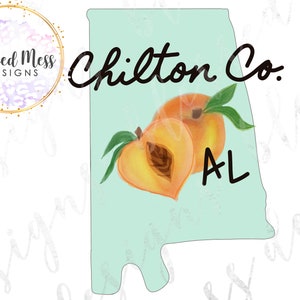 May include: A turquoise outline of the state of Alabama with the text "Chilton Co. AL" and two peach slices with green leaves.