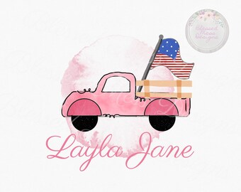 Watercolor Farm Truck with flag girl sublimation digital download png