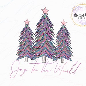 Joy to the World Pink Christmas Tree Trio Sublimation digital download png