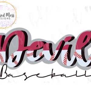 Op de afbeelding: Een wit en rood baseball-ontwerp met het woord "Devil" in een cursief schrift. Het woord "Baseball" is in een kleiner cursief schrift onder het woord "Devil" geschreven.