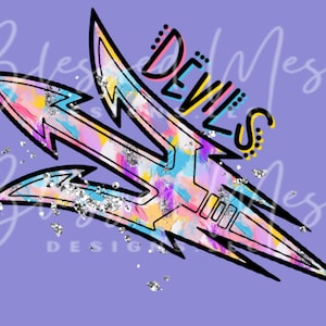 May include: A colorful graphic design of a lightning bolt with the word "DEVILS" in black and yellow lettering. The design is on a purple background.