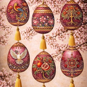 May include: Six decorative, egg-shaped ornaments with detailed embroidered designs. Each burgundy egg features a different motif, including a bird, flowers, a tree, a dove, pomegranates, and a geometric pattern. Gold tassels hang below each egg.