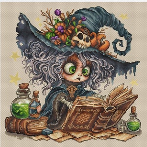 May include: A cross-stitch pattern featuring a cute witch with purple hair wearing a blue and green hat, reading a book with a skull on the cover. The witch is surrounded by potion bottles and scrolls.