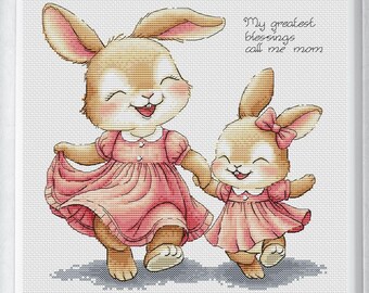 Mom Bunny and daughter Cross Stitch Pattern - Instant Download for Rabbit Family Hand Embroidery Needlepoint chart - Mothers Day Gift Idea