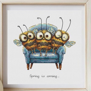 Patrón de punto de cruz de abejas extravagantes y lindas. Patrón digital de abejorro caprichoso. Divertido insecto, gráfico de bordado a mano