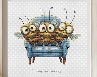 Bee Cross Stitch Pattern Funny Bumblebee Couch Design Spring Decor Whimsical Insect Embroidery