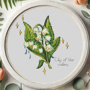 Kruissteekpatroon lelietje-van-dalenboeket. Bloemenkaart geboorte mei. Bloemen x-steekborduurwerk. Digitaal bloemenpatroon lente.