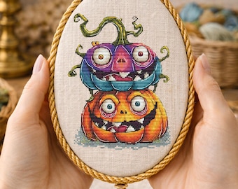 Halloween Pumpkin Cross Stitch Pattern Cute Spooky Pumpkins Kawaii Autumn Decor Dopamine Brights Embroidery Digital Download Chart