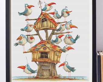 Cheerful Birds on the Beach Cross Stitch Pattern: Fun DIY Project (Digital Download)