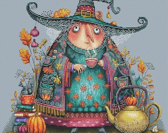 Witch with Tea Cross Stitch Pattern. Digital Halloween Embroidery Chart. Cozy Autumn Witch Needlepoint PDF. Cottagecore Hygge Embroidery