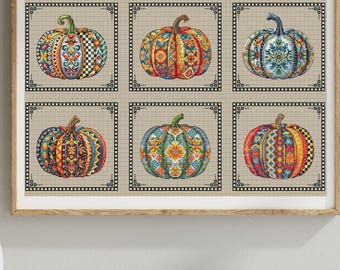 Boho Herbst Kürbis Wand Kunst Kreuzstich Muster. Moderne Herbst Muster PDF. Gemütliche Halloween-Stickerei. Skurriles Kürbis-Digital-Muster.