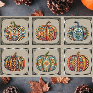 May include: Six decorative pumpkins with intricate patterns and vibrant colors, including orange, blue, and yellow. Each pumpkin is framed within a square border, showcasing a variety of designs. The pumpkins are set against a neutral background, evoking a fall theme.