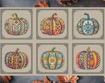 Magical Pumpkin Cross Stitch Pattern Set of 6. Autumn Halloween Fall Decor Sampler. Digital Pattern Embroidery Needlepoint Chart
