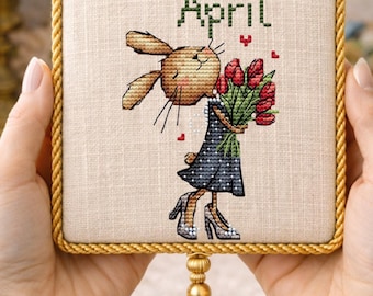 April Bunny Cross Stitch Pattern, Spring Rabbit with Tulips, Small Calendar Design