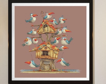 Funny Birds Cross Stitch Pattern: Whimsical Beach House (Digital Download)