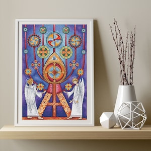 May include: Framed art print featuring a colorful, mosaic-style illustration. The artwork depicts two angels flanking a central design with an 'A' shape, intricate patterns, and a vibrant color palette of blues, oranges, and reds. The print is displayed on a wooden shelf.