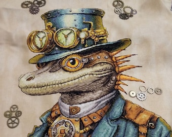 Mechanical Reptile cross stitch pattern. Steampunk Iguana digital pattern. Fantasy Dragon Hand Embroidery Needlepoint chart SAGA PDF