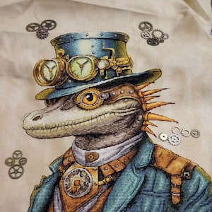 Mechanical Reptile cross stitch pattern. Steampunk Iguana digital pattern. Fantasy Dragon Hand Embroidery Needlepoint chart SAGA PDF
