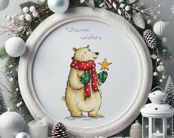 Christmas Bear Cross Stitch Pattern Warm Wishes Polar Bear Winter Embroidery, Scandinavian Holiday Needlework Chart Digital Download