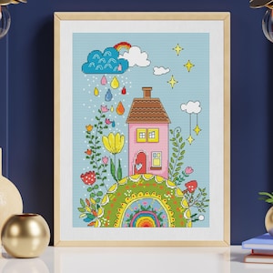 Primitive Frühlingshaus Kreuzstich Saga - Home Sweet Home Muster - Instant Download PDF