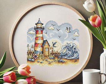 Lighthouse Cross Stitch Pattern Coastal Seaside Embroidery Nautical Ocean Decor Summer Beach Needlework Chart Digital Download