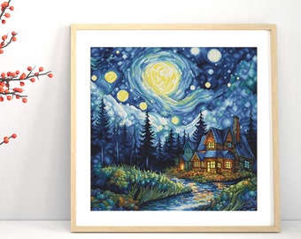 水彩画「星空の夜」森の湖クロスステッチパターン：ゴッホ風風景画 PDF
