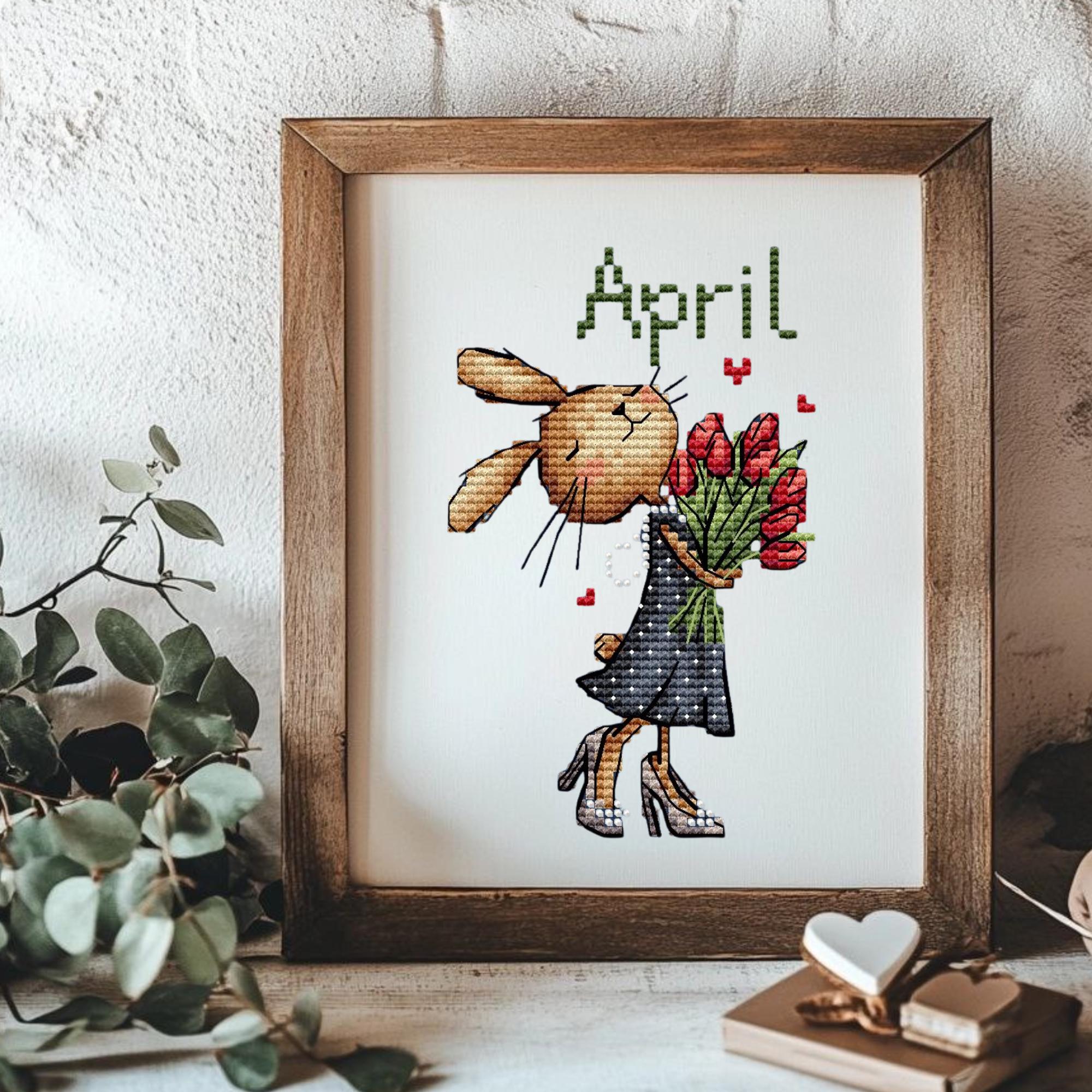 April Bunny Cross Stitch Pattern, Spring Rabbit With Tulips, Small ...