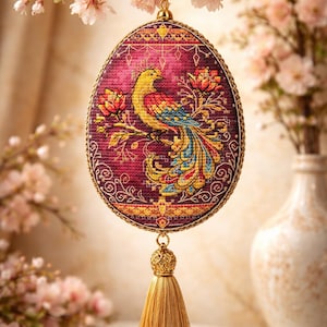 May include: An oval, embroidered ornament with a bird design. The bird is yellow, red, and blue, perched on a branch with flowers. The ornament has a gold border and tassel, and is hanging from a branch with pink flowers.
