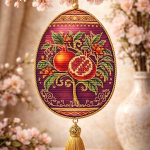 Puede incluir: Adorno bordado ovalado con un diseño de árbol de granada. El adorno tiene un fondo morado oscuro con ribete dorado y una borla dorada. La fruta de la granada es roja y las hojas son verdes. Cuelga de una rama con flores rosas.