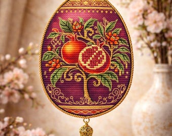 Easter Egg Cross Stitch Pattern Pomegranate Tree Sacred Garden Ornament Beaded Needlework Chart Digital Download