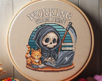 Funny Grim Reaper Cross Stitch Pattern: Goth Skeleton with Cat (PDF Pattern)