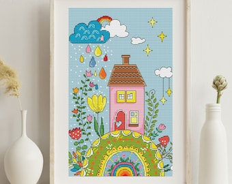 Whimsical House Cross Stitch Pattern. Colorful Digital Flowers and Rainbow. Naive Art Embroidery for Kids Room. Home Sweet Home Needlepoint
