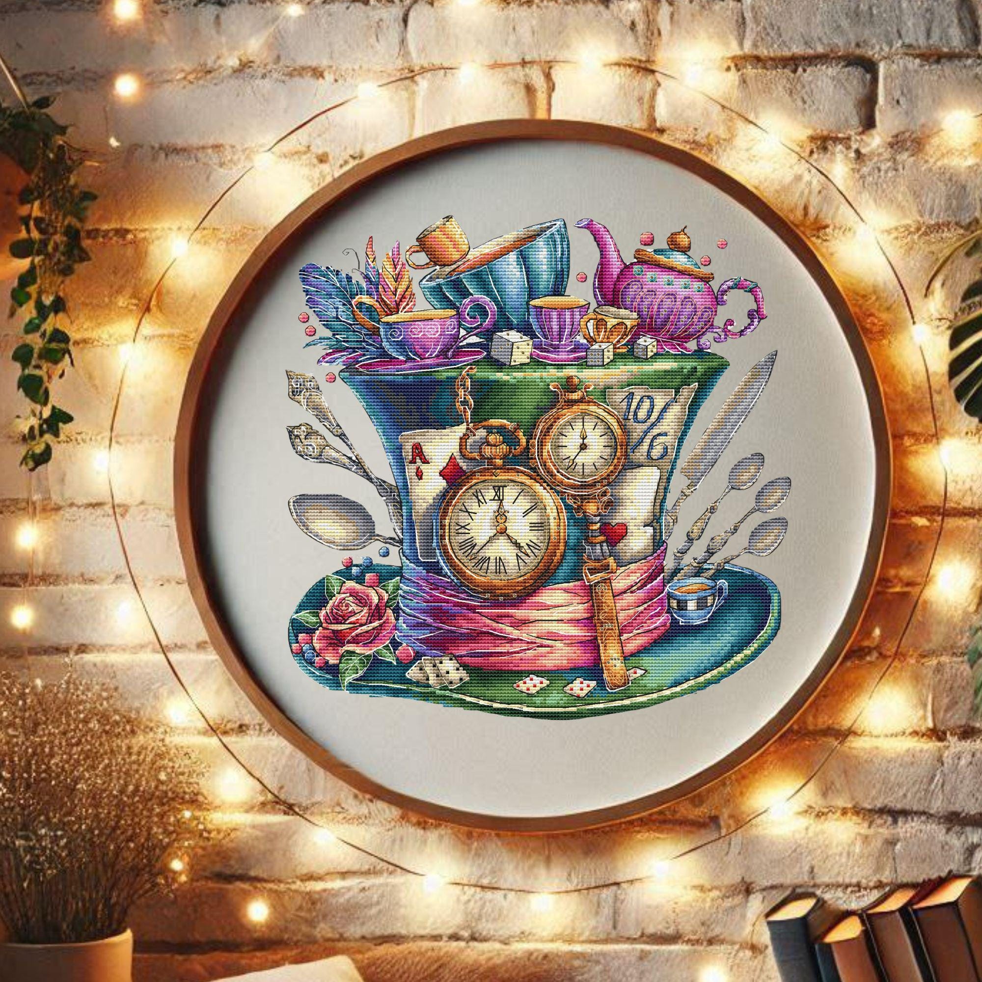 Alice in Wonderland Cross stitch pattern. Mad Hatter hat Digital Pattern Whimsical. Hand Embroidery. Lewis Carroll Needlepoint chart