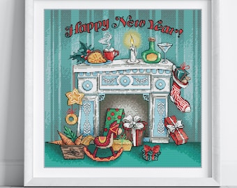 Christmas Cross Stitch Pattern New Year Fireplace Scene Holiday Decor Cozy Winter Embroidery Gift Design