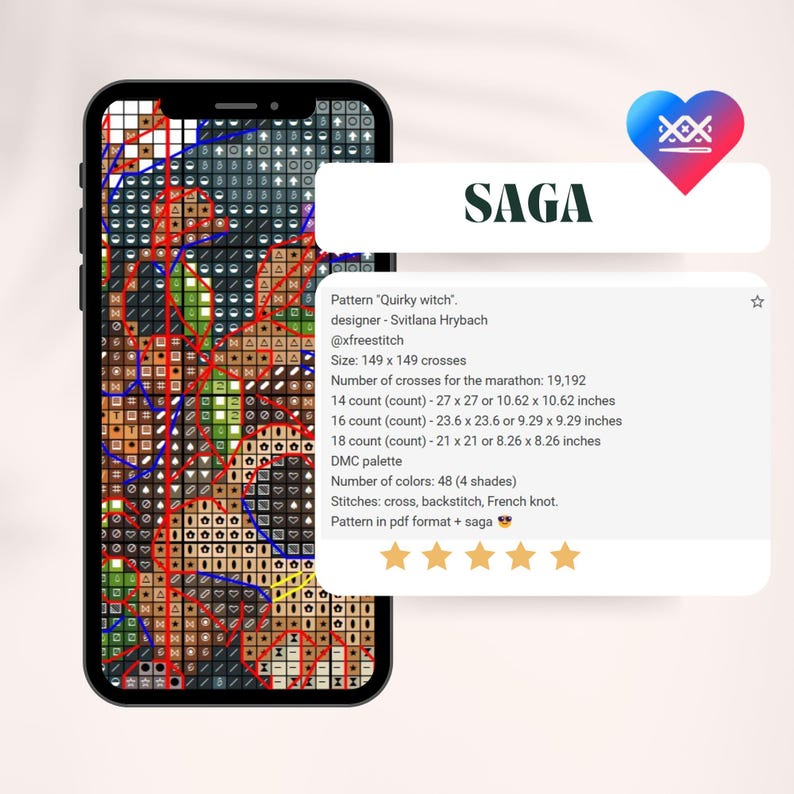 以下が含まれることがあります： 「Quirky witch」というクロスステッチのパターンをスマートフォン画面に表示しています。デザイナーはSvitlana Hrybachです。パターンは149 x 149クロスで、48色を使用しています。パターンはPDF形式で入手可能で、クロスステッチ、バックステッチ、フレンチノットステッチの指示が含まれています。