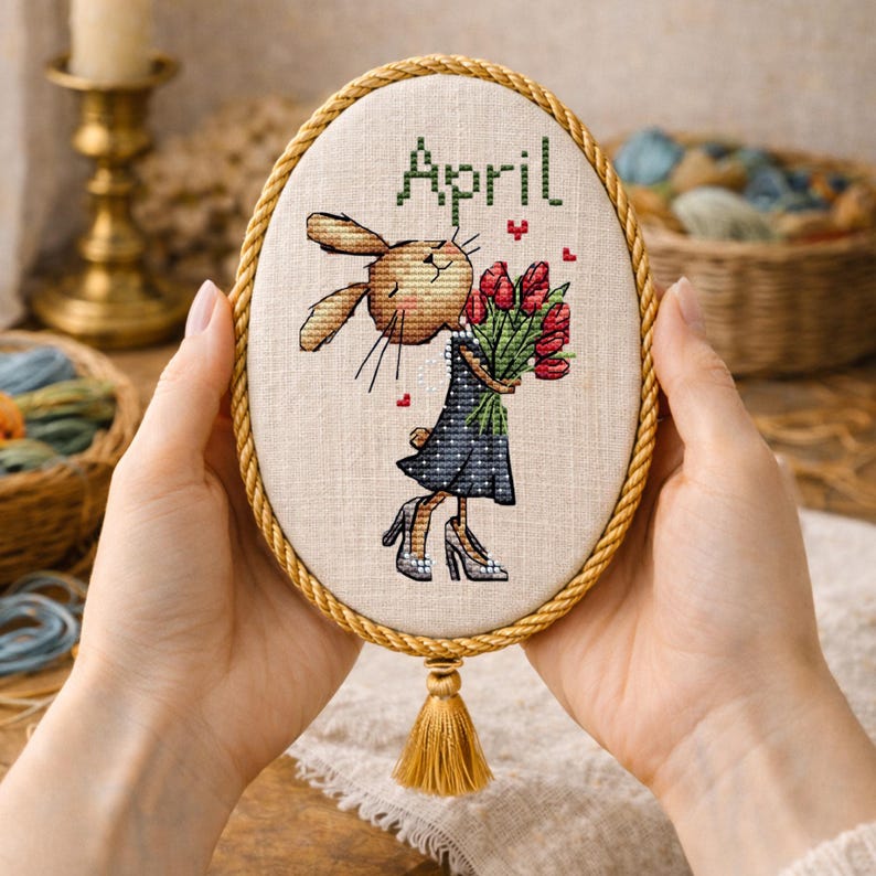 April Bunny Cross Stitch Pattern, Spring Rabbit With Tulips, Small ...