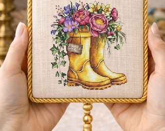 Spring Boots Cross Stitch Pattern, Floral Rain Boots with Bouquet, April Garden Design Cottagecore Embroidery