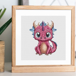 Funny cross stitch pattern pink dragon.  Cute Baby Dragon Hand Embroidery Needlepoint chart. Digital Pattern Fantasy Baby Dragon Pattern.