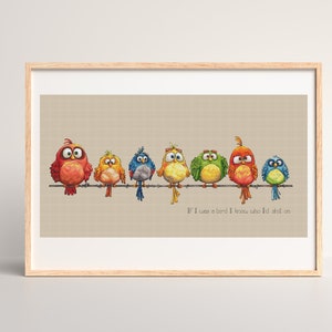 Patrón de punto de cruz de pájaro divertido. Patrón digital de pájaros caprichosos sobre alambre. Gráfico de bordado a mano de pájaro peculiar y adorable.