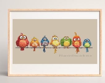 Funny Birds on Wire Cross Stitch Pattern: Whimsical Hand Embroidery (PDF Pattern)
