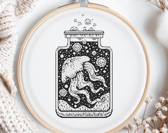 Jellyfish Cross Stitch Pattern PDF, Gothic Jar, Dark Academia Celestial Monochrome Embroidery Chart