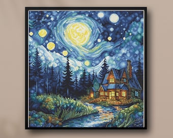 額入り水彩画 星空のシーソー 1138 水彩画「星空の夜」森の湖クロスステッチパターン：ゴッホ風風景画 PDF